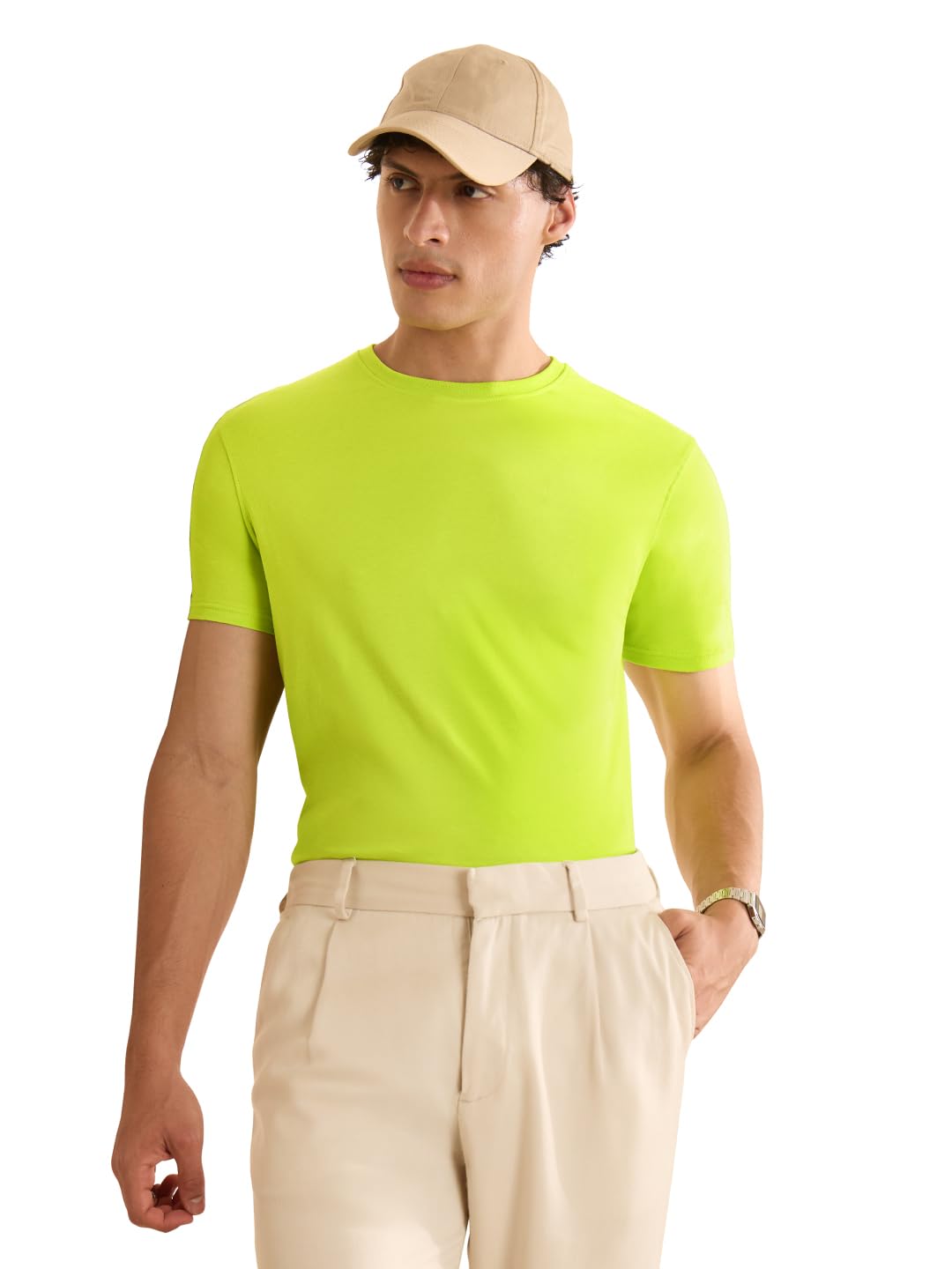 The Souled Store Lime Green Men and Boys Short Sleeves Round Neck Solid Regular Fit Cotton Supima T-Shirts