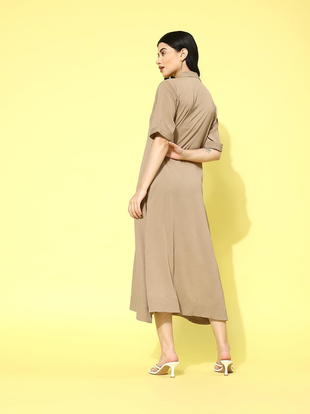 Varanga Women Beige Shirt Collar A-Line Dress Comfortable Short Sleeves Calf Length Dress For Stylish Everyday Wear, Office & C