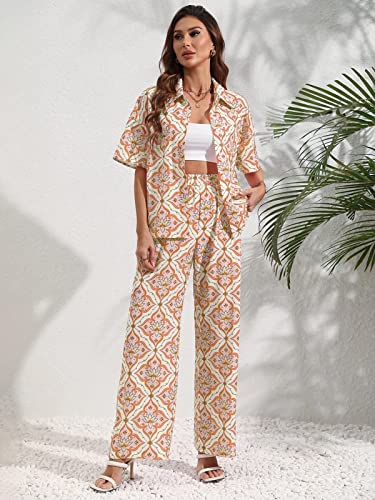 Greciilooks Women Co Ord Set| Knot Front Shirt & Wide Leg Pants| Allover Print Shirt & Bottom| Long Sleeve Shirt| Straight Print