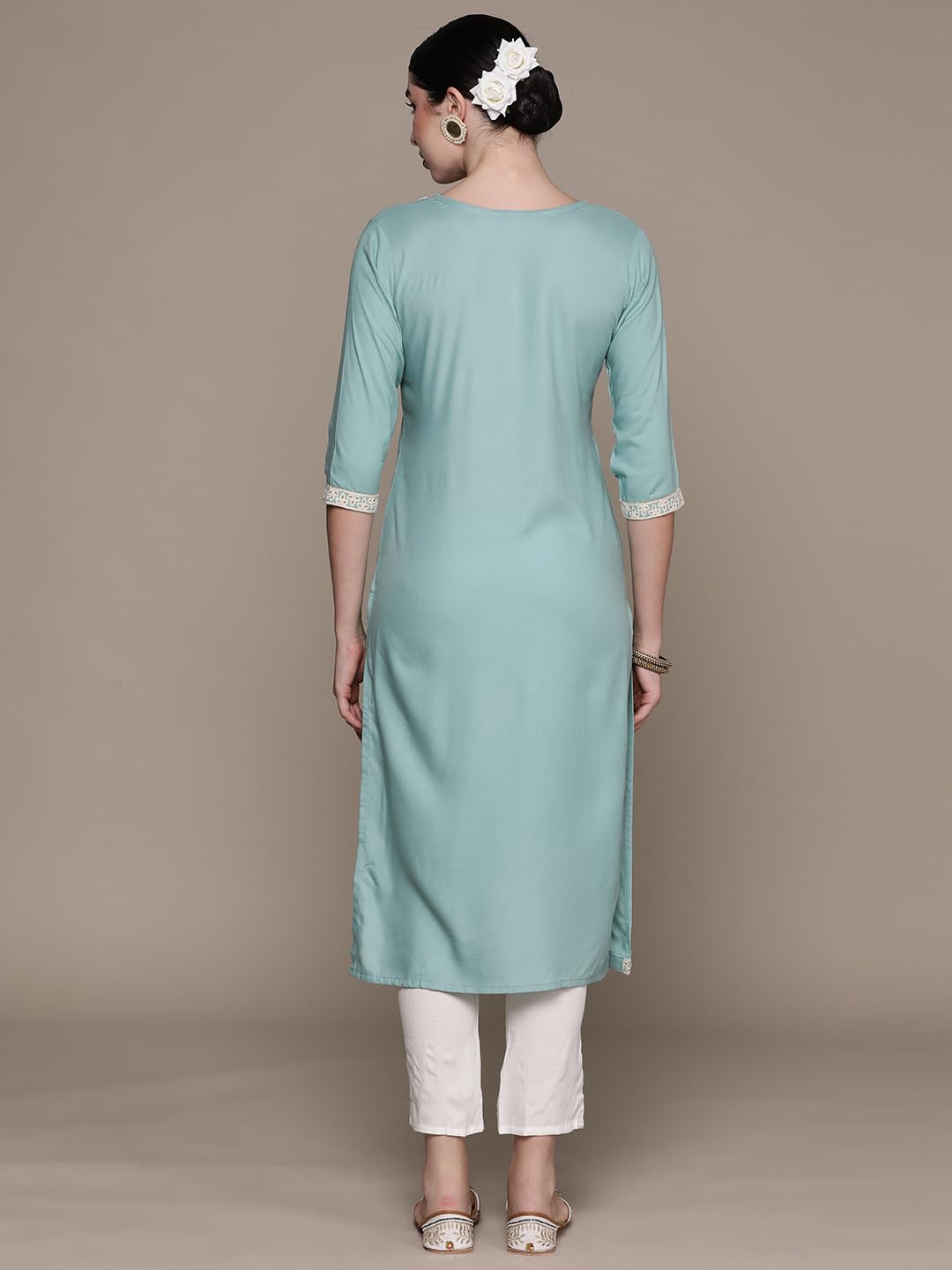 ishin Women's Viscose Rayon Embroidered Blue Straight Kurta Suit Set with Pants