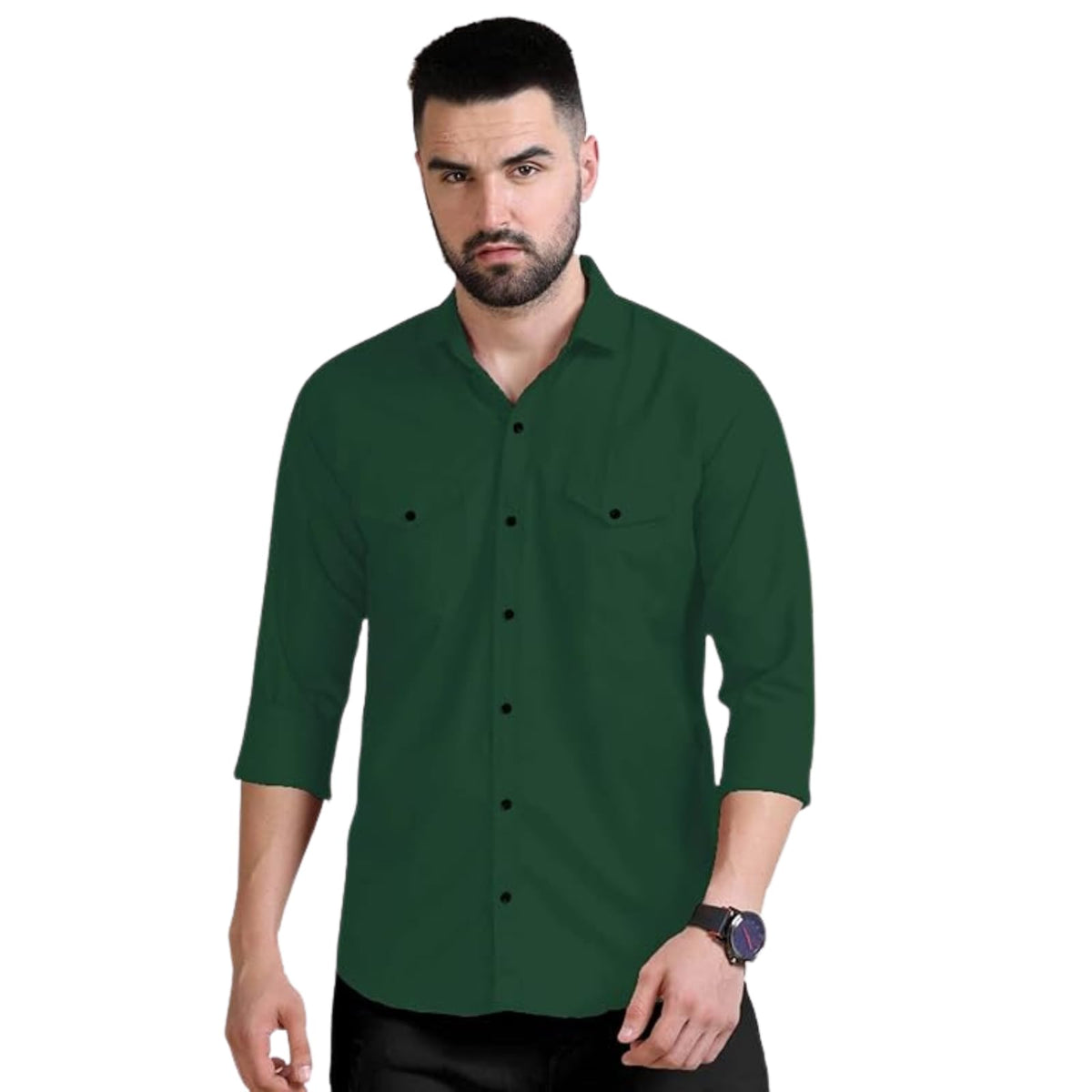 Rebelify MenS Double Pocket Shirt Classic Casual Cotton Blend With Adjustable Cuffs Bottle Green