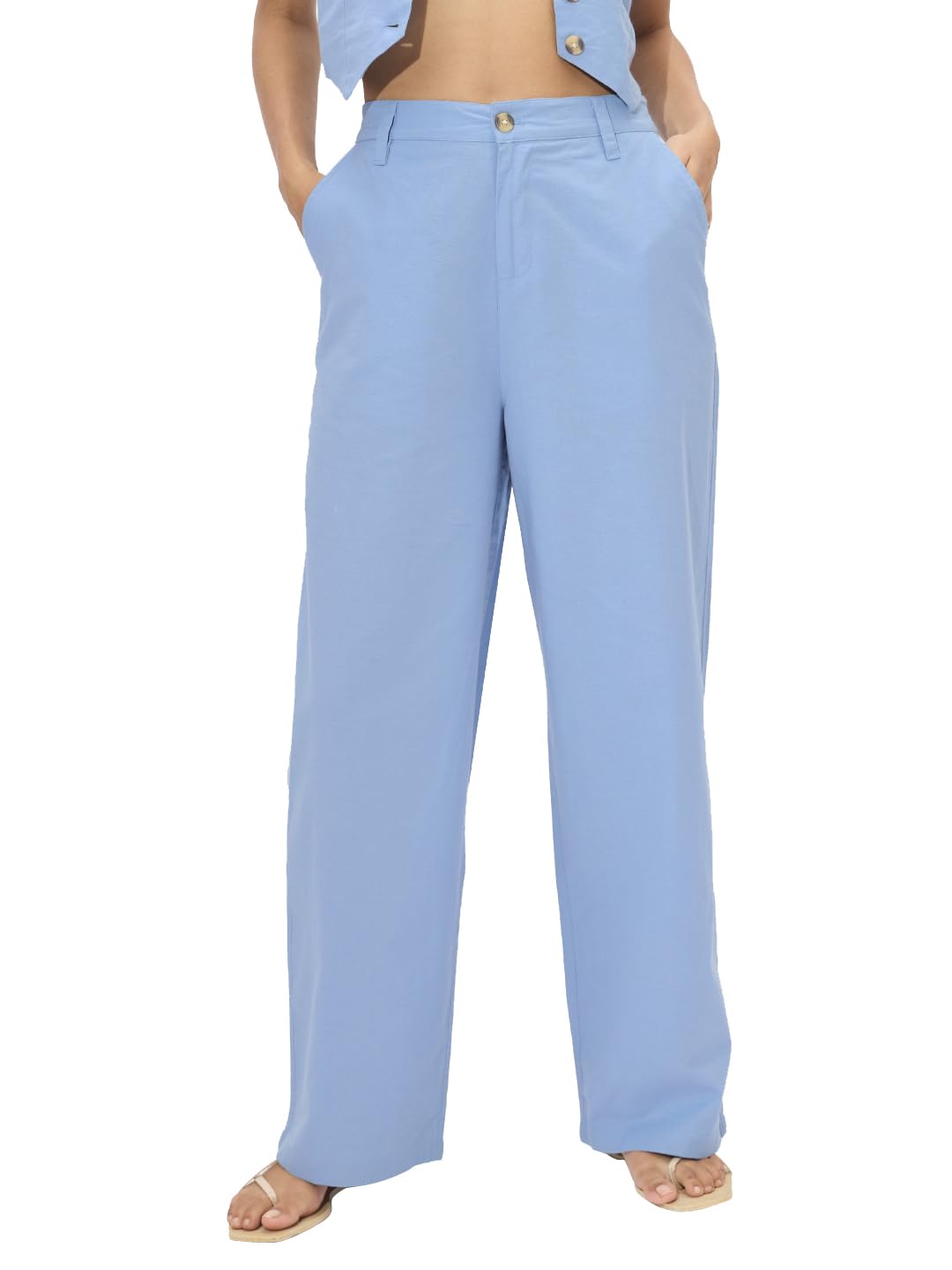 The Souled Store Linen Pants Originals: Carolina Blue Women and Girls Straight Fit Cotton Linen Comfortable Trendy Pants