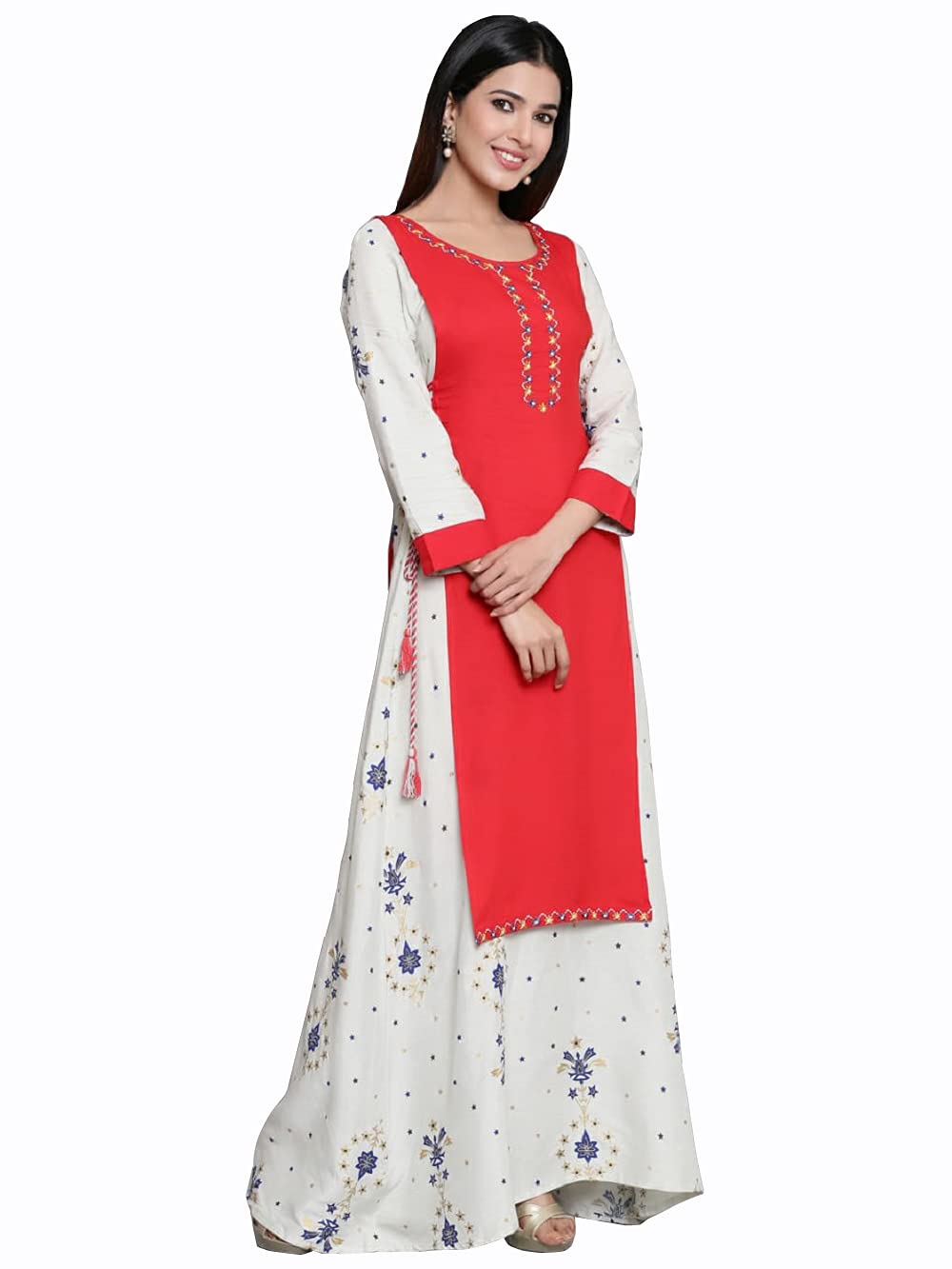 Stylum Women's Embroidered Rayon Flared Kurta (Beige)