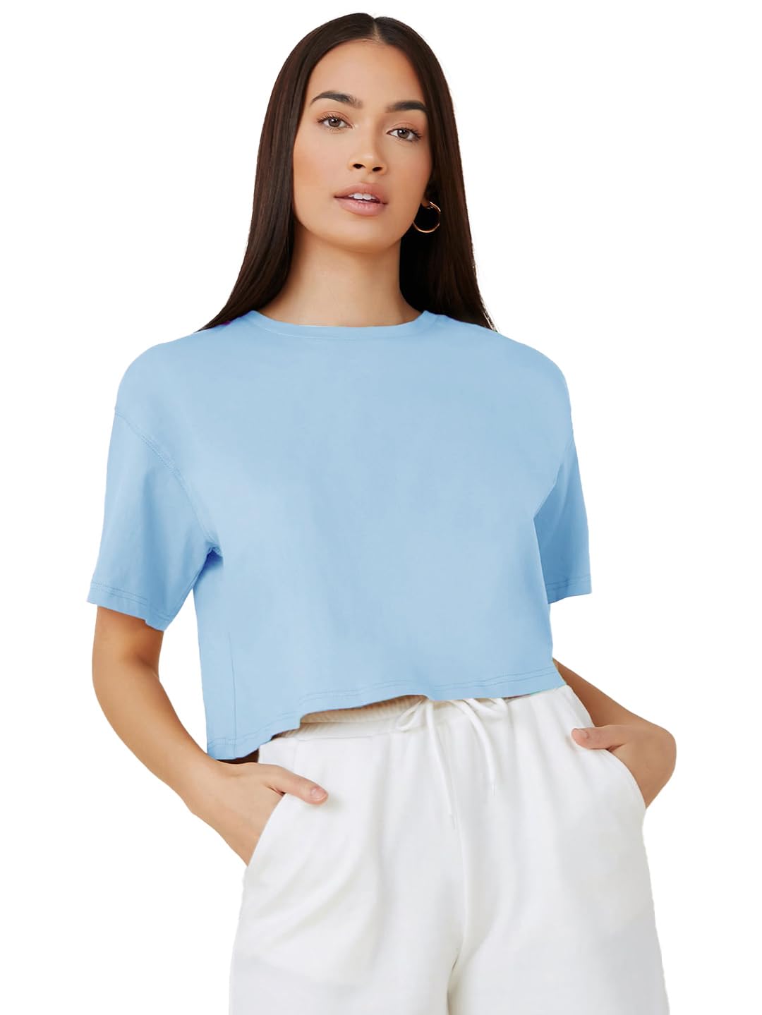 Kotty WomenS Solid Cotton Blend Oversized Crop T-Shirts