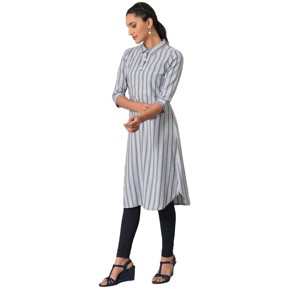 Aurelia WomenS Cotton Solid Regular Blue Stripe Print Shirt Collar Kurta (23Fea13438-704099
