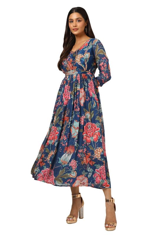 Soch Womens Navy Blue Chinon Floral Gathered Dress With Belt