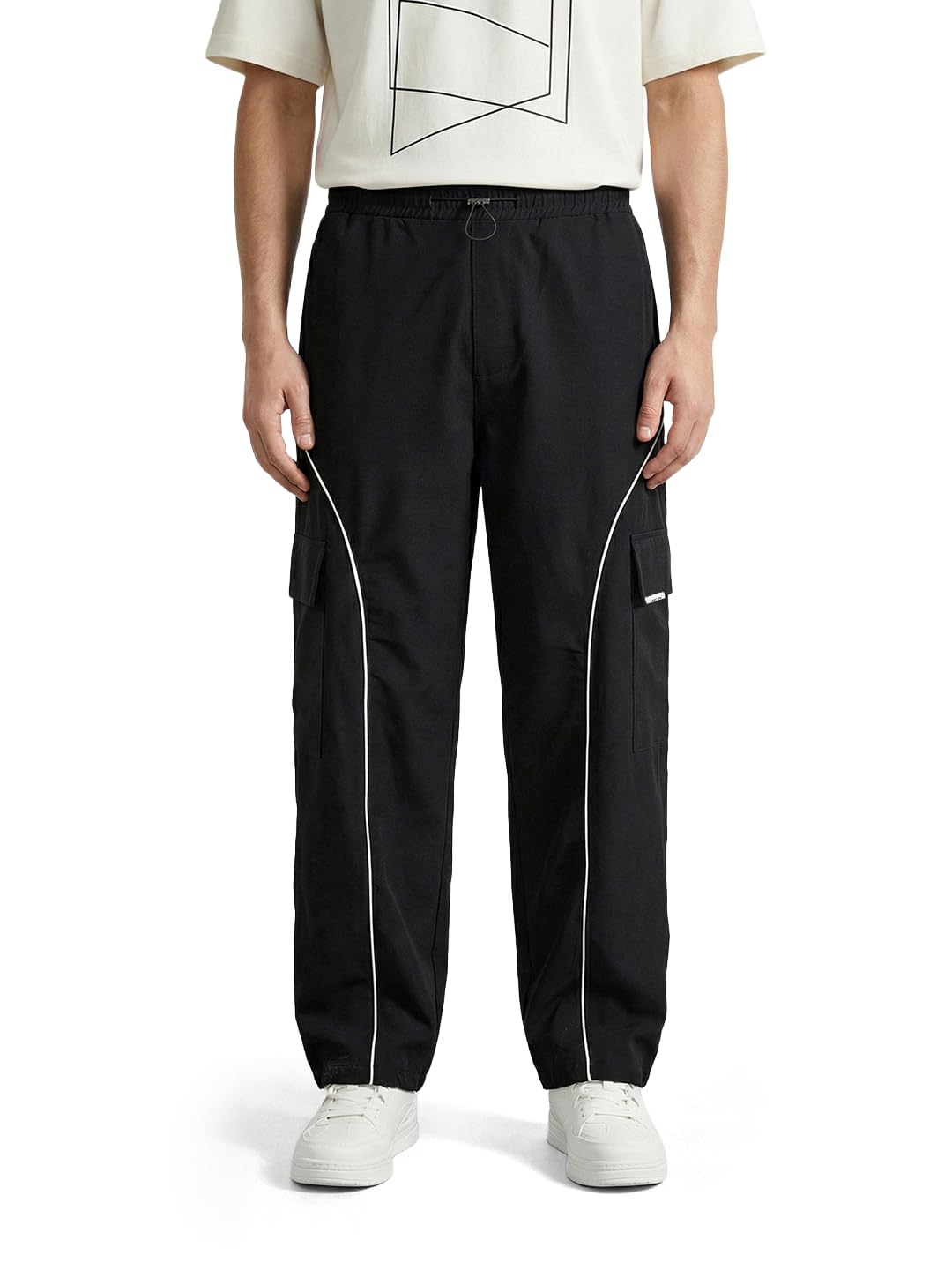 The Indian Garage Co Mens Baggy Fit Mid-Rise Stretchable Cargo Pants