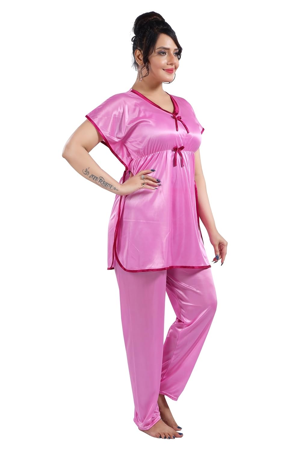 Fabme WomenS Satin Pink Kaftan Top & Pyjama Set