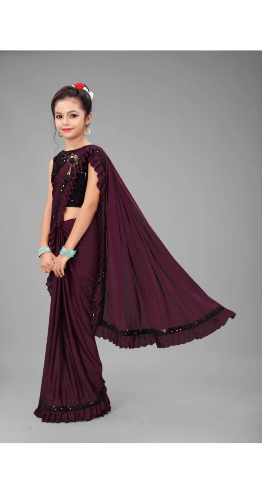 Elliti Girl'S Knit Laycra Saree (K_S_Wine_8-9(L)