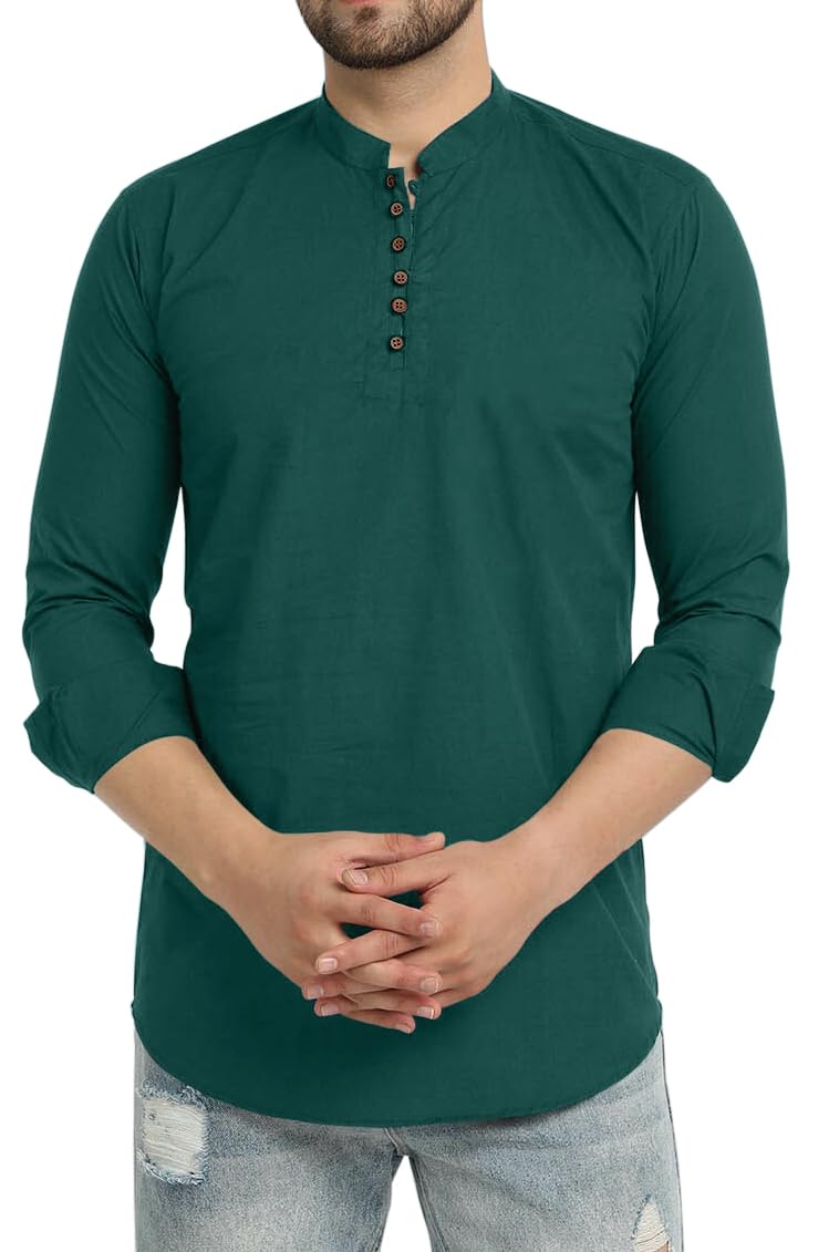 ROYALSCOUT Mens Cotton Blend Full Sleeve Short Kurta with Mandarin Collar Green