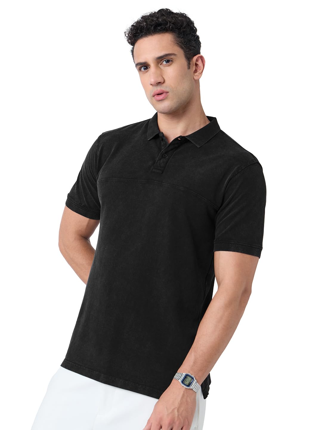 The Souled Store Polo T-Shirt: Vintage Wash Men and Boys Short Sleeves Polo Collar Charcoal Grey Solid Cotton Regular Fit T-Shir