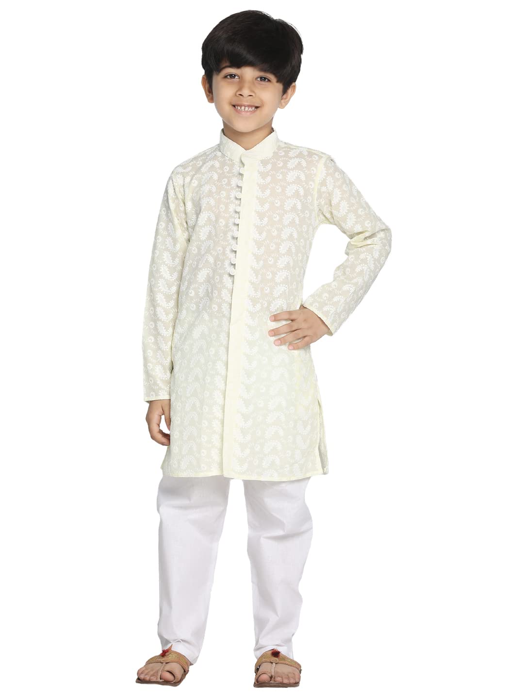 VASTRAMAY Boys Yellow And White Kurta Pyjama Set | Classic Ensemble Of Lukhnowi Chikankari Kurta & Pyjama for Navratri, Diwali