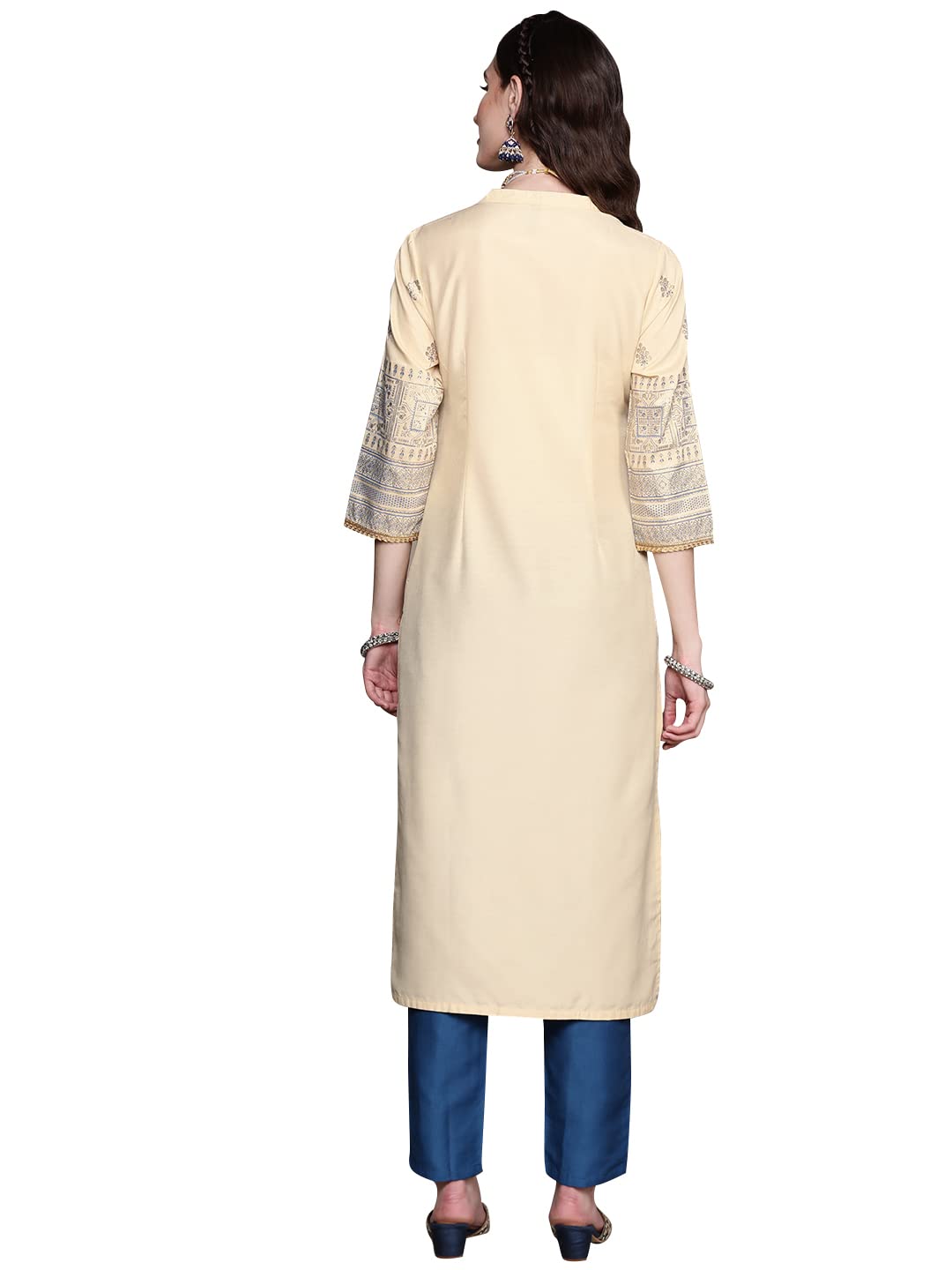 Ziyaa Women's Cream Chinon Straight Kurta And Pant Set(ZIKUCH3820ANDPA)