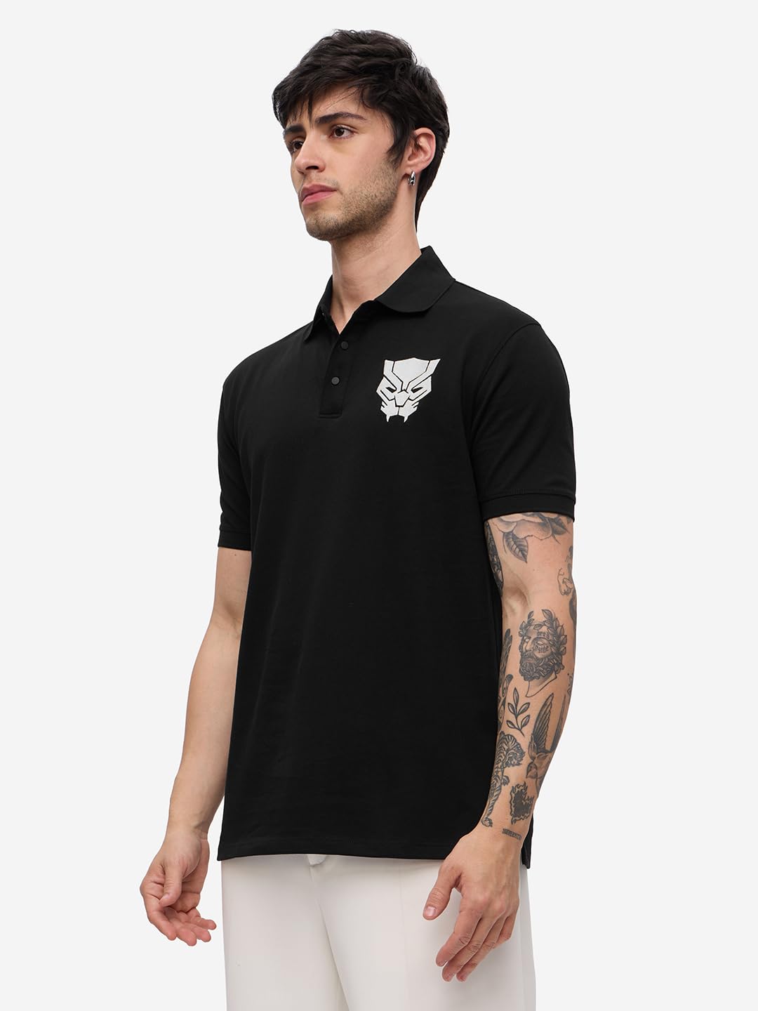 The Souled Store Black Panther: Logo Men and Boys Short Sleeves Collared Neck Black Embroidered Regular Fit Cotton Polos