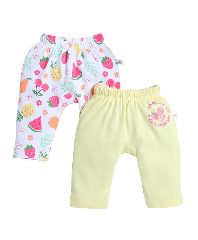 BUMZEE Baby Girls Cotton Diaper Pants/Leggings/Pyjamas Pack of 2 White & Yellow - New Born (Peb10543A-wht)