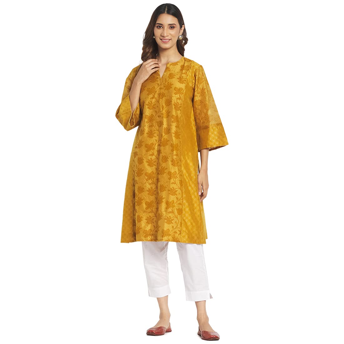 Fabindia Women Cotton Silk Printed Knee Length Kurta Mustard_Xl