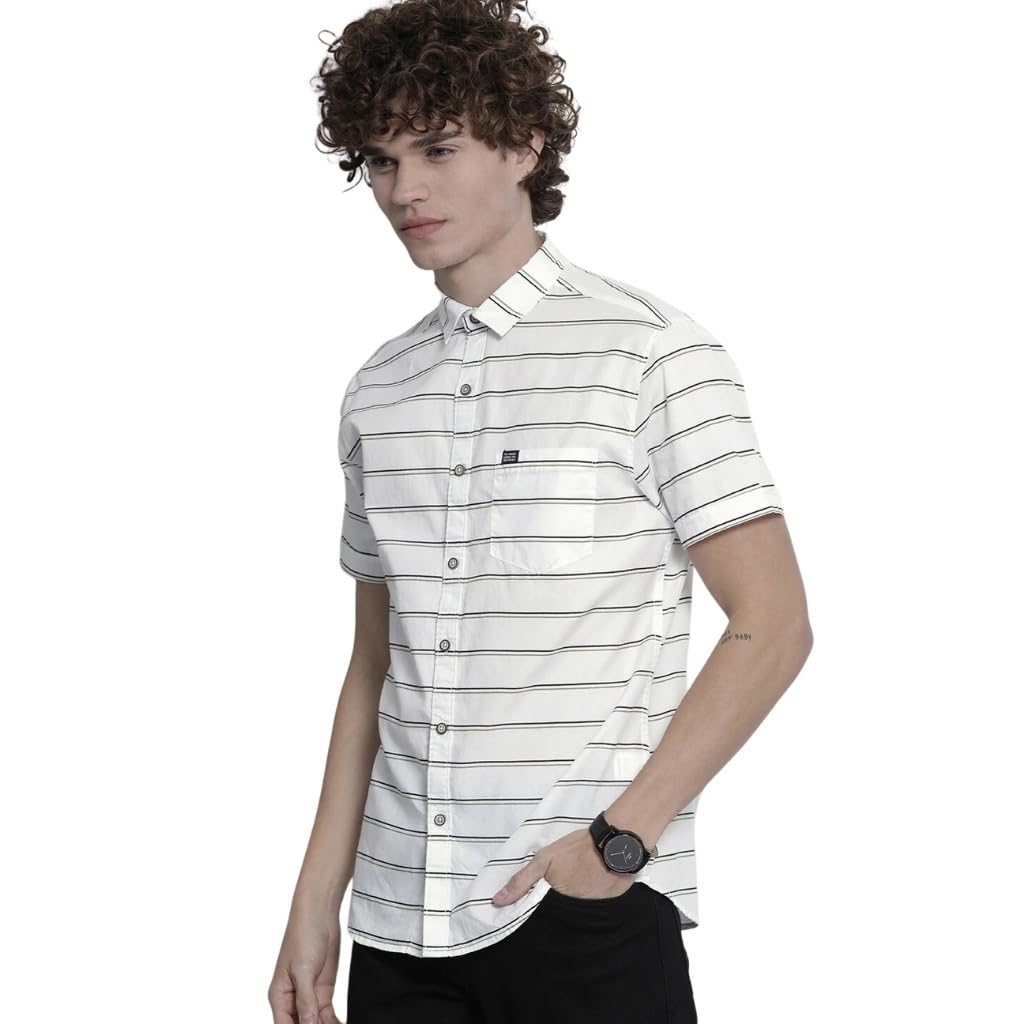 The Indian Garage Co White Regular Fit Spread Collar Striped Short Sleeves Shirt