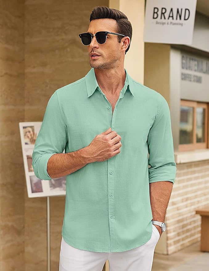 CB-COLEBROOK Mens Long Sleeve Button Down Shirts Casual Cotton Linen Shirts Summer Beach Shirt for Mens Top (in, Alpha, 2XL, Re