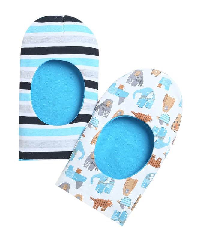 BUMZEE White & Blue Boys Cotton Reversible Monkey Cap Pack of 2 Age - 0-6 Months (Peb9537A-wht.blu)
