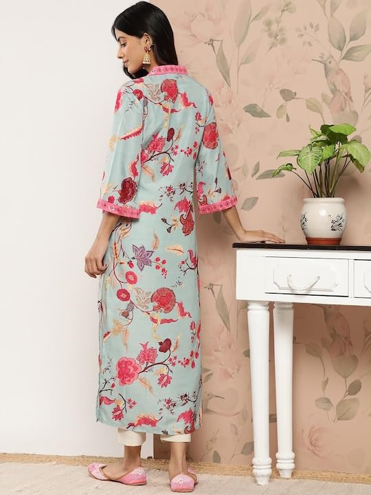 Varanga Women's Blended Relaxed Fit Floral Printed Sequinned Detail A-line Kurta ?Elegant and Stylish Ethnic Wear