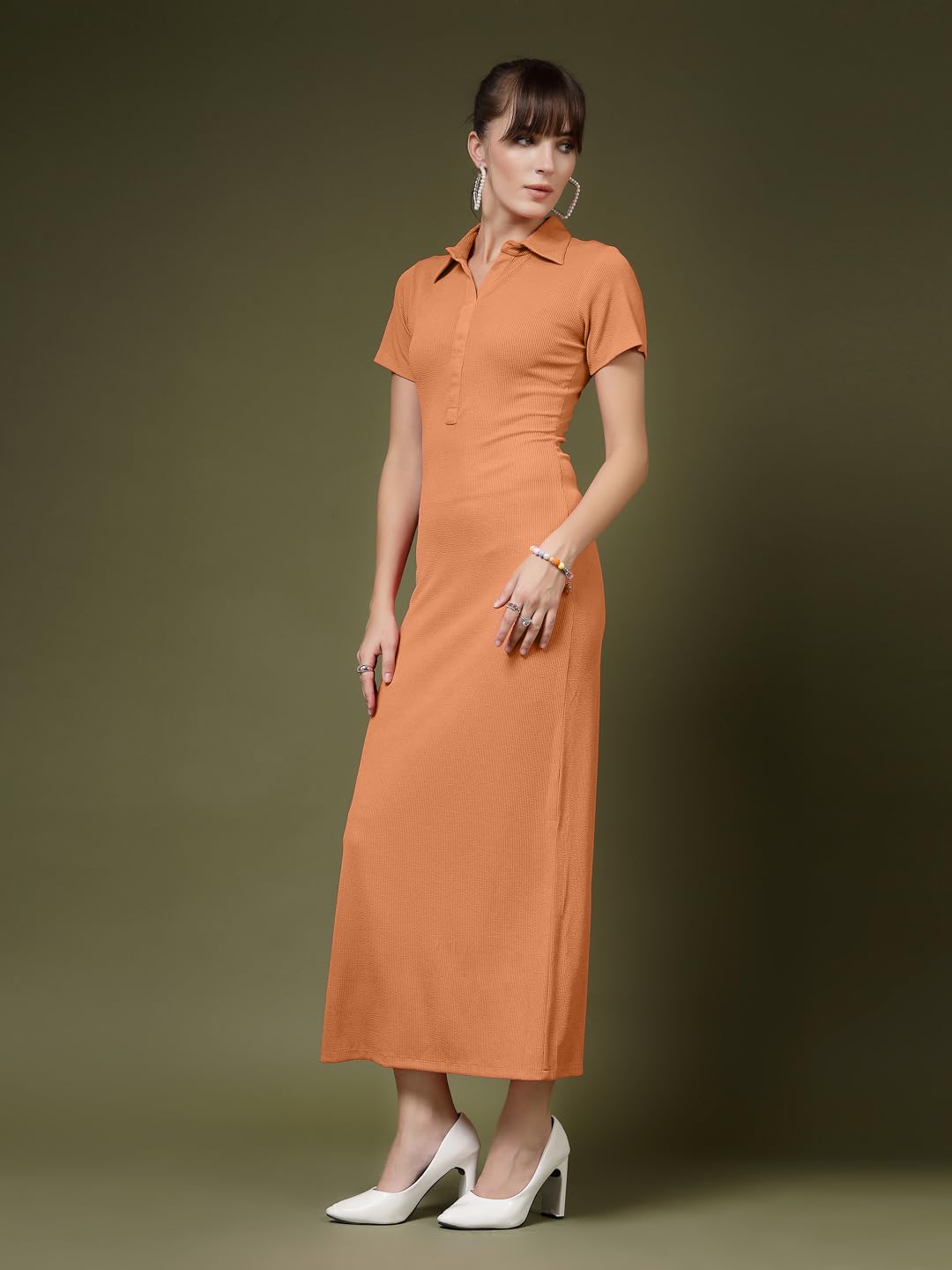 OOMPH! Womens Western & Fusion wear Stretchable Ribbed Lycra Shirt Dress for Women, Bodycon, Orange - md1117