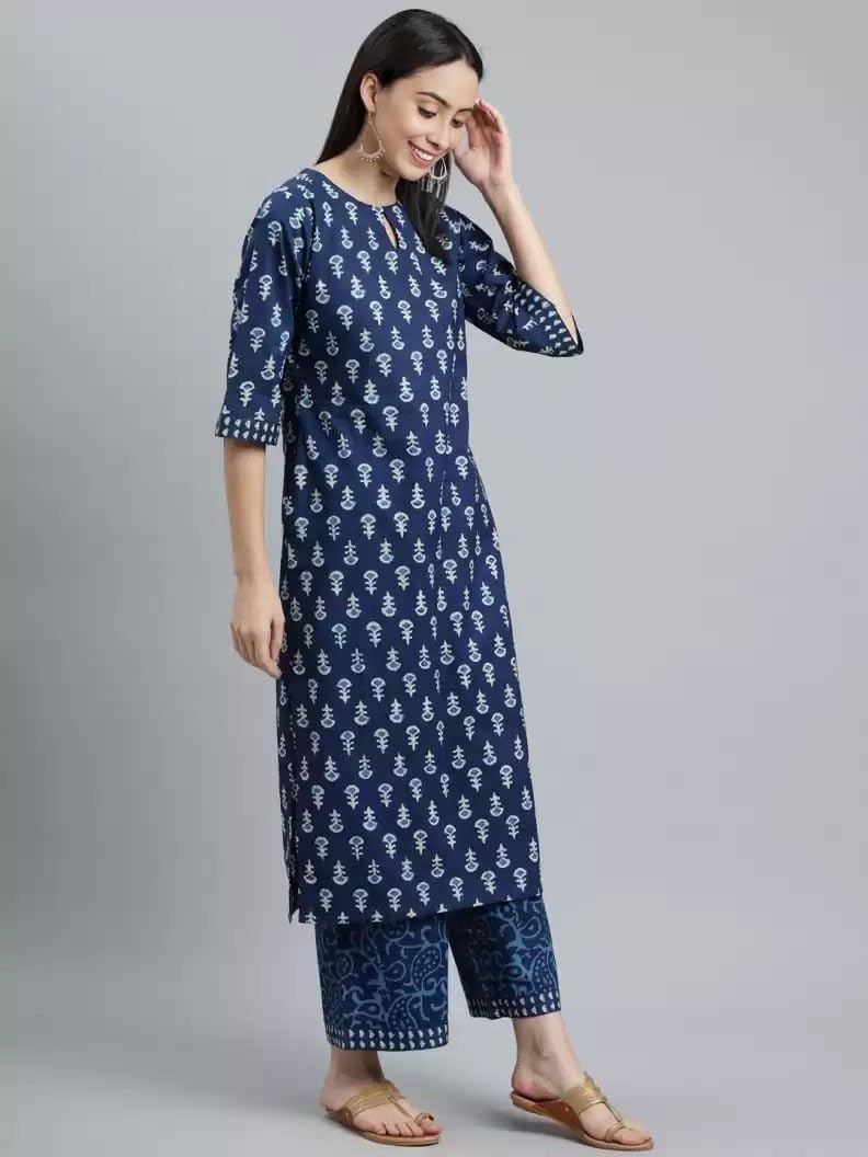 LookMark Women's Trendy Printed Cotton Blend Straight Blue Color Kurta and Palazzo Set (KS2071-XXL)