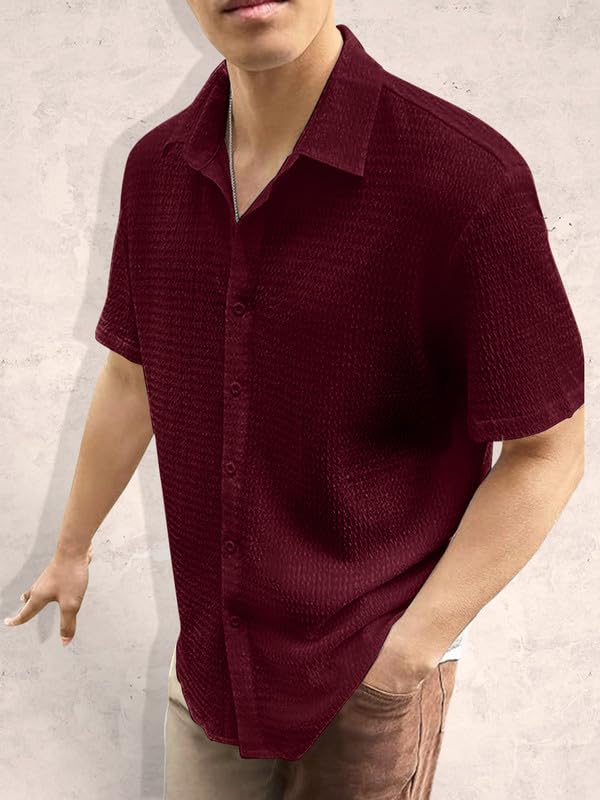 Tee Projekt Mens Popcorn Shirt Texture Pattern Mens Casual Shirt Half Sleeves Goa Beach Summer Shirt Maroon