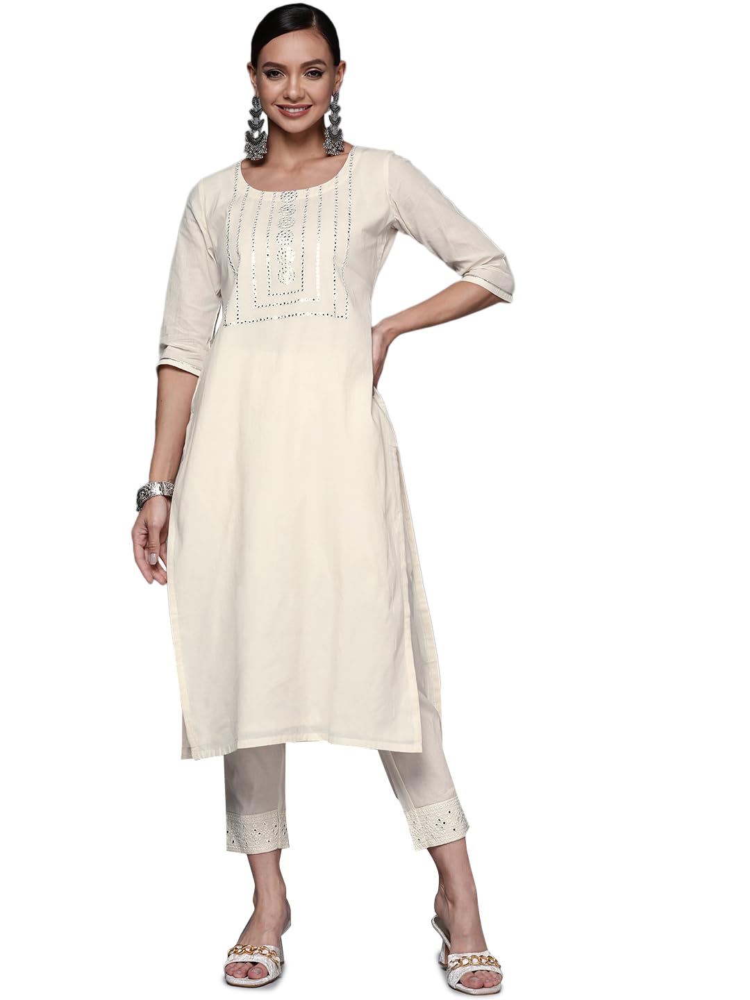 Libas WomenS Cotton Yoke Design Straight Kurta (24043O_Off White