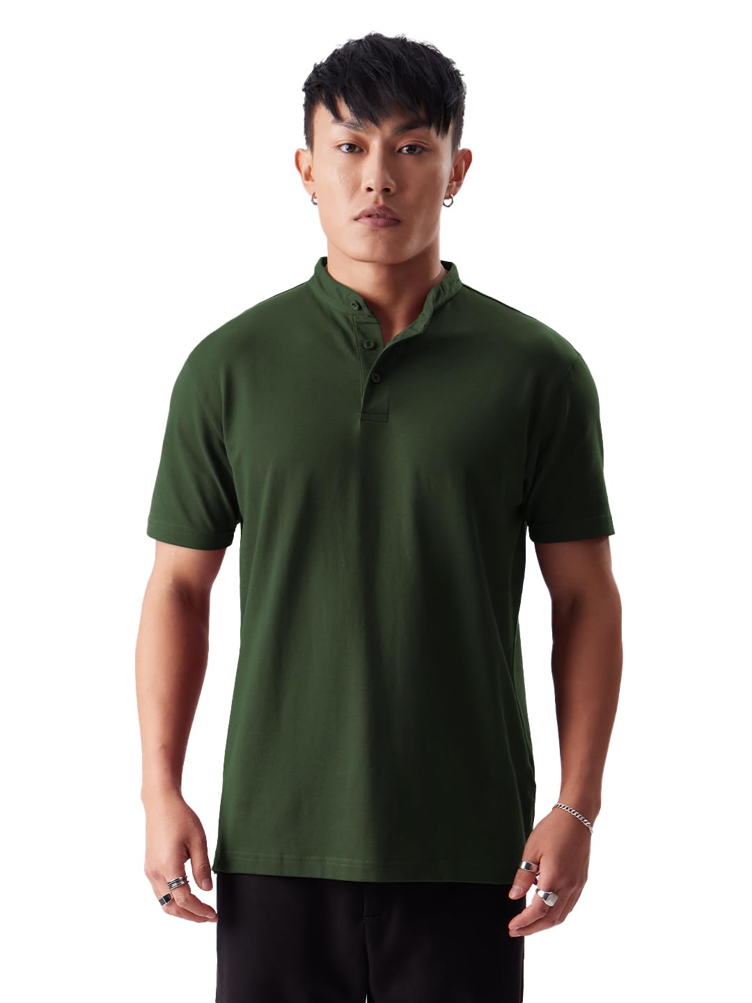 The Souled Store Solids: Dark Olive Mens & Boys Regular Fit Solid Half Sleeve Cotton Green Mandarin Polos Mens Polos Graphic te