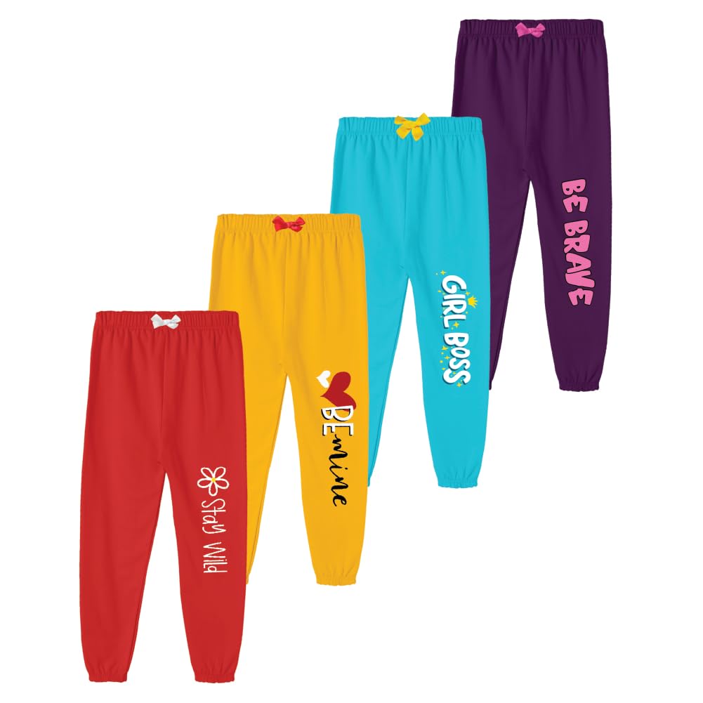 Kyda Kids 100% Pure Cotton Printed Regular Fit Track Pants For Girls (Pack Of 4)