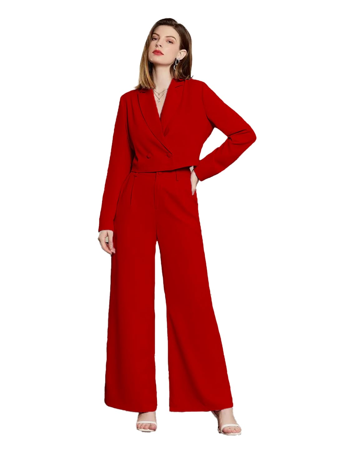 KOTTY Womens Solid Relaxed Fit Full Sleeve Co-ord Blazer and Trouser Set. Tomato red
