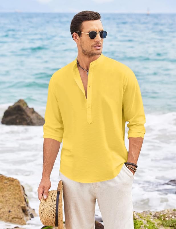 Macsivo MenS Casual Cotton Polyester Blend Long Sleeve Henley Short Kurta | Lightweight Summer Kurta Yellow