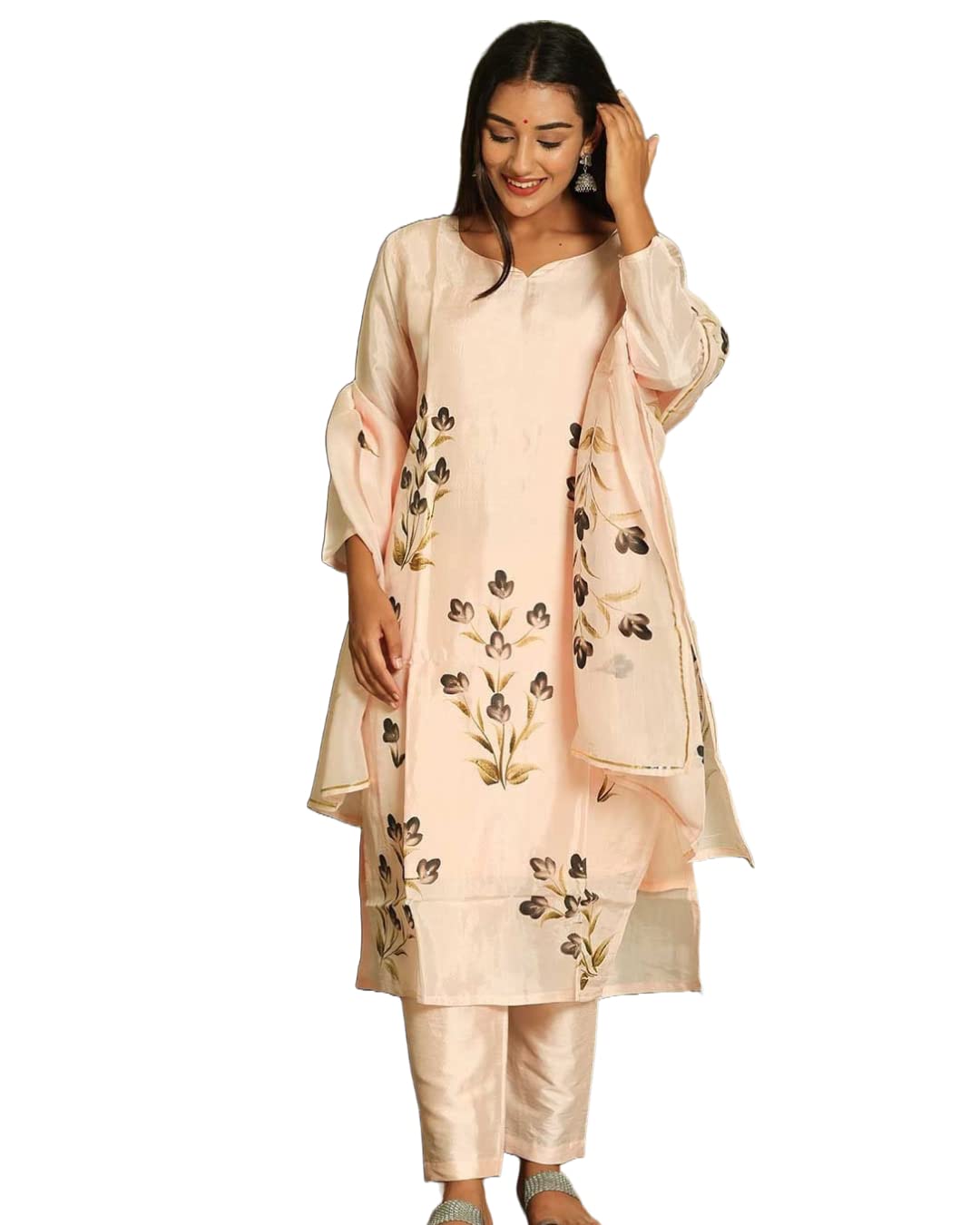 GoSriKi Women's Cotton Blend Straight Printed Kurta with Pant & Dupatta (BURSH-Peach-NW-GS)
