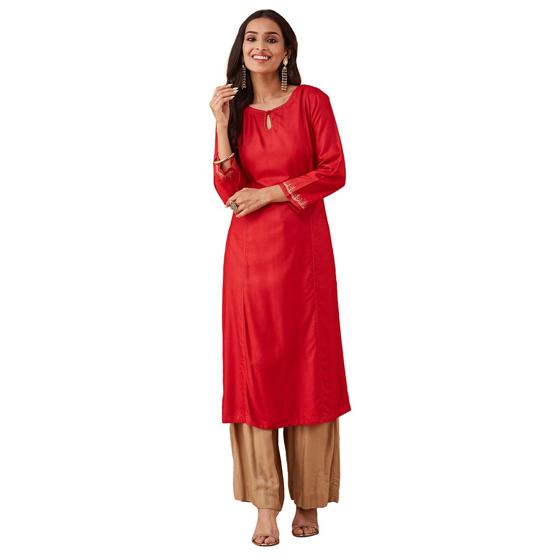 Fabindia Women Viscose Silk Red Embroidered Keyhole Neck Slim Fit Long Kurta