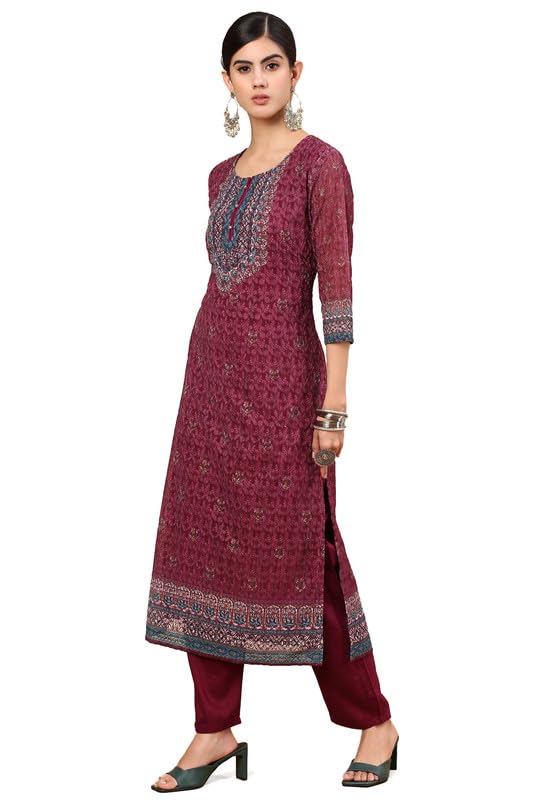 Soch Womens Wine Print With Embroidery Georgette Kurta Set With sequins