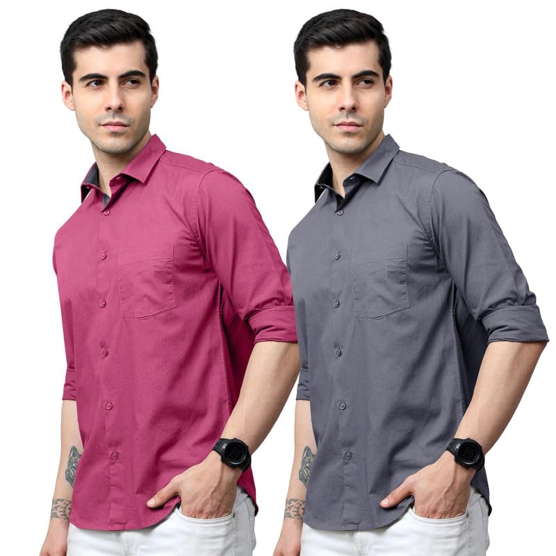 Tee Projekt Cotton Shirt for Men ll Front Pocket Shirt ll Stylish Long Sleeve Shirt ll Soild Regular Fit (Pack of 2) Pink-Grey