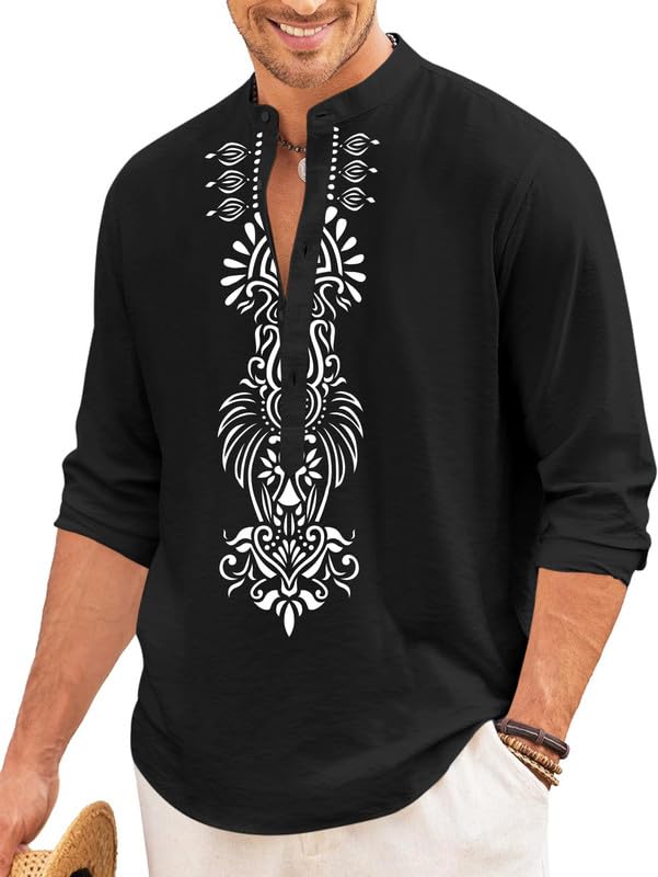 Finivo Fashion MenS Cotton Blend Short Kurta With Bold Printed Front Design | Full Sleeve Ethnic Casual Kurta With Mandarin Coll