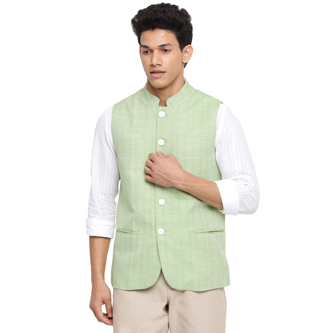 Fabindia Men Cotton Dobby Printed Jacket Green_L