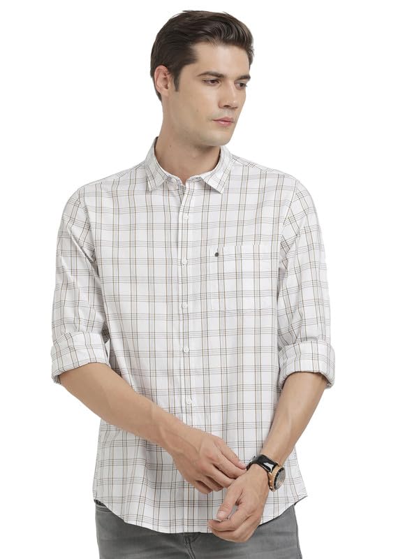 Turtle Men 100% Cotton Slim Fit Off White Check Full Sleeve Casual Shirt