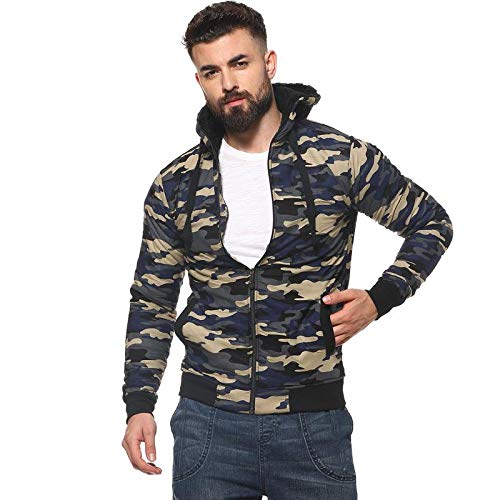 Campus Sutra Mens Light Blue Camouflage Regular Fit Cotton Jacket for Winter Wear | Hooded Collar | Full Sleeve | Zipper | Casu