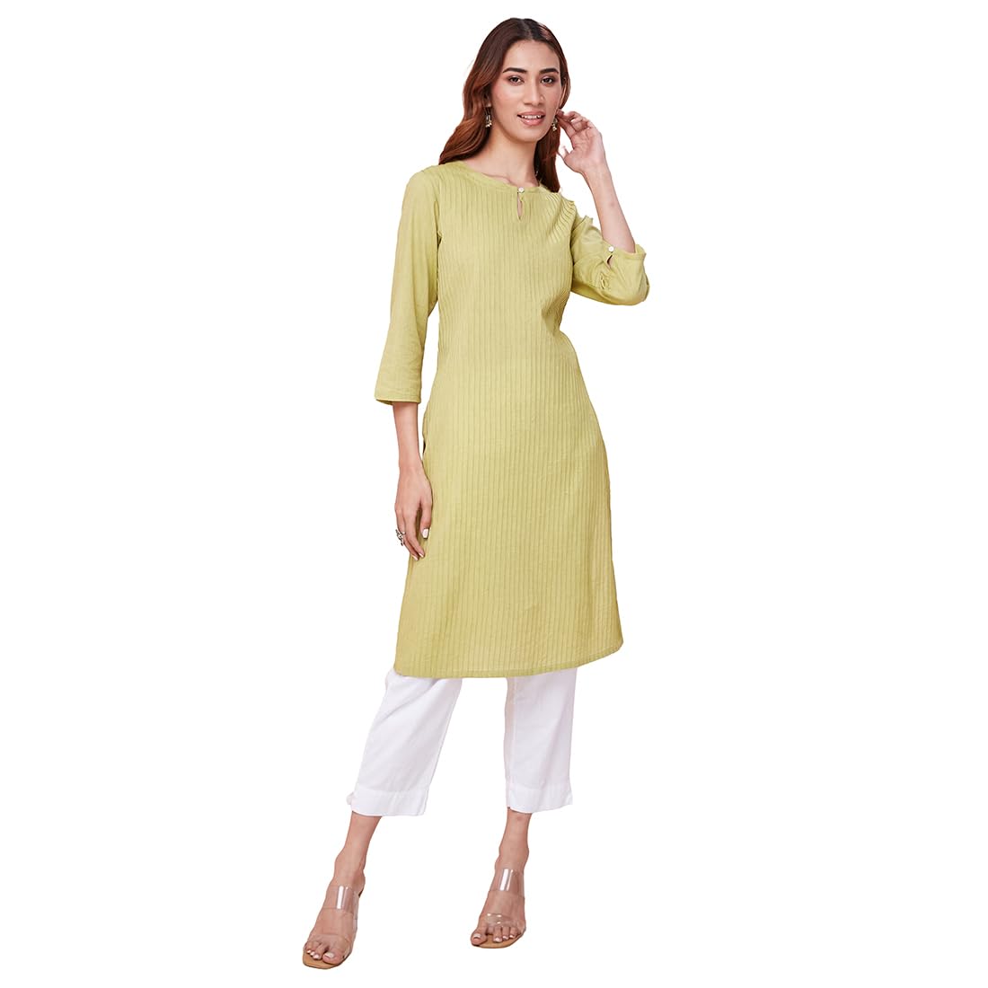Fabindia WomenS Cotton Solid Slim Kurta (1037273Lime_Lime Green
