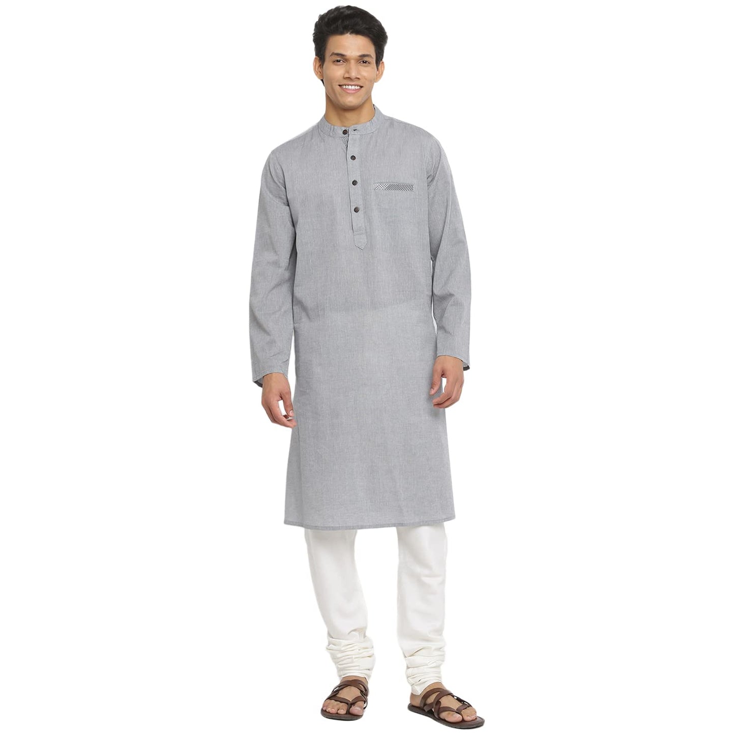 Fabindia Men Trim Chinese Collar Cotton Long Kurta Contrast_S Grey