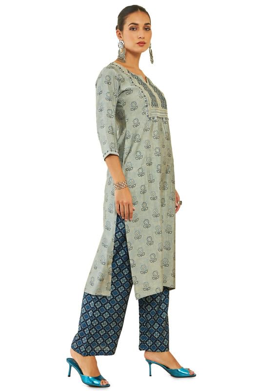 Soch Womens Grey Muslin Kurta Set with Printed Designs and Embellishments