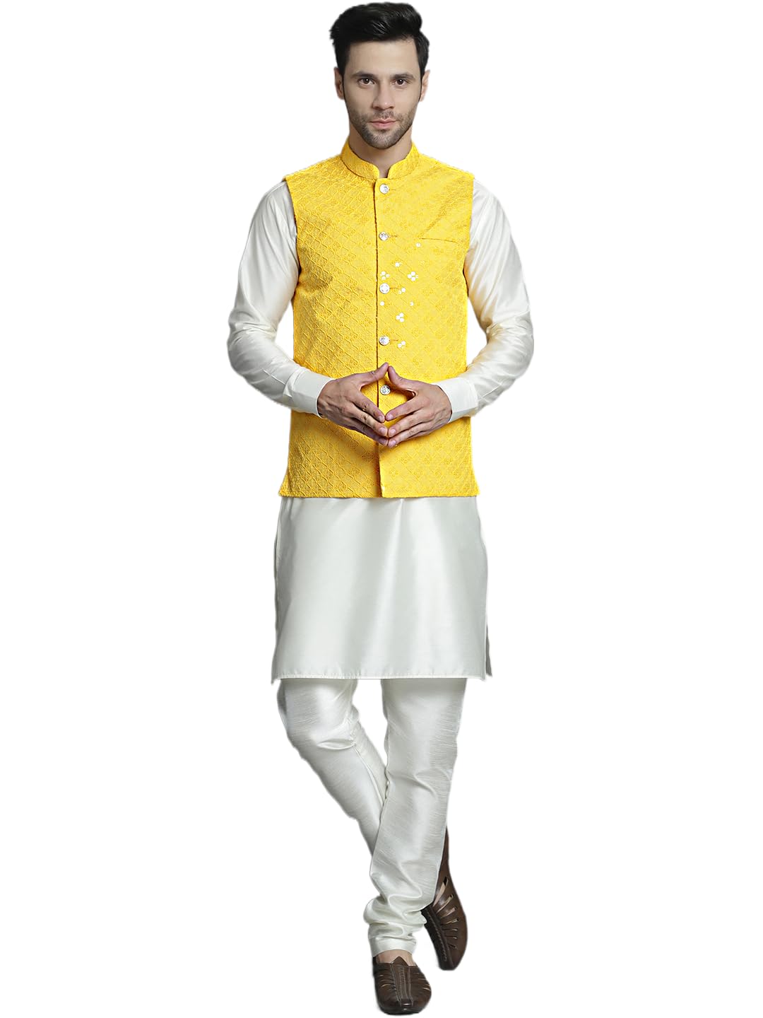 Jompers Mens Sequins And Embroidered Nehru Jacket With Solid Kurta Pyjama Set