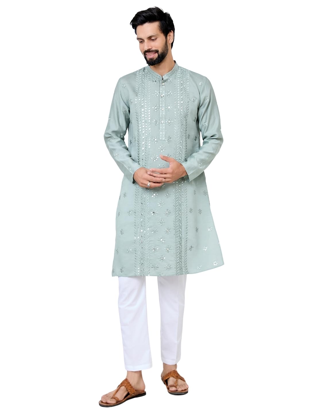 See Designs Mens Full Sleeve Mandarin Collar Grey Mirror Worked and Sequin Embroidered Straight Long Kurta - Festive Collection