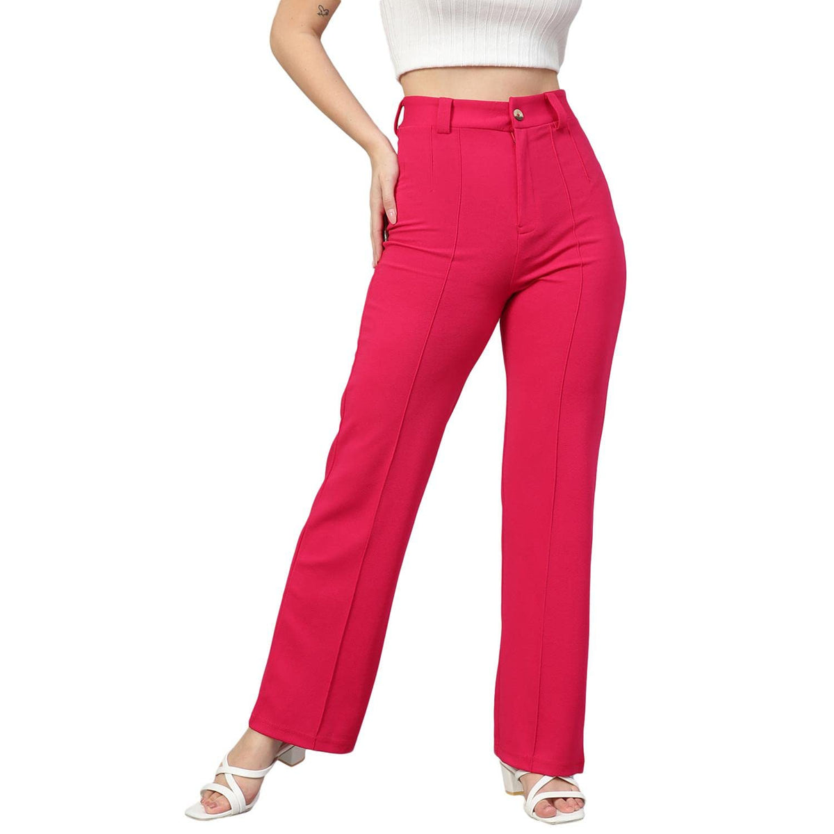 Kotty Womens High Rise Viscose Rayon Solid Trousers Rani Pink