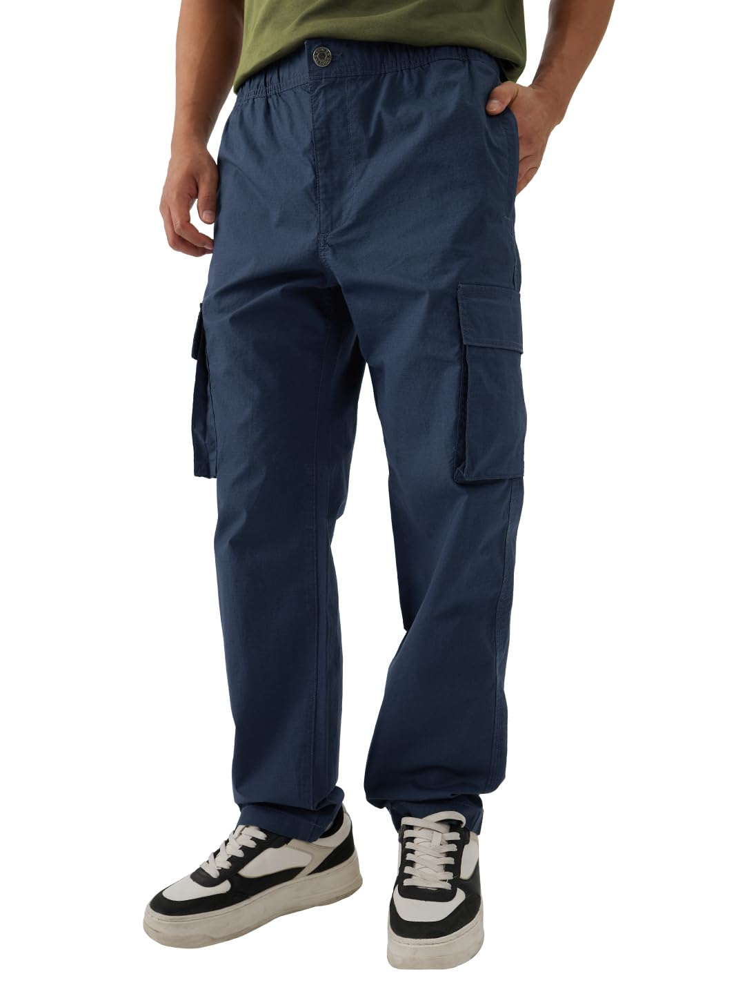 The Souled Store Navy Blue Men and Boys Buttoned Straight Fit Cargo Ripstop Joggers