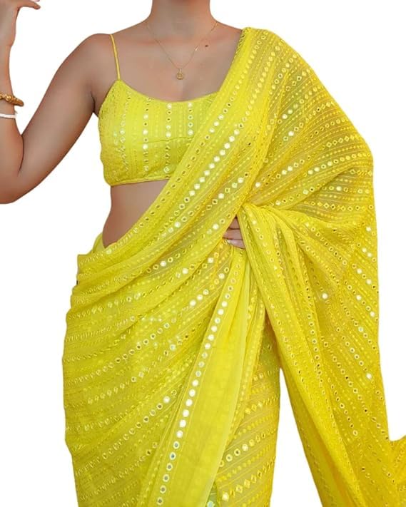 Flosive Womens Thread Sequence Work Georgette Saree With Blouse (LEMON YELLOW)