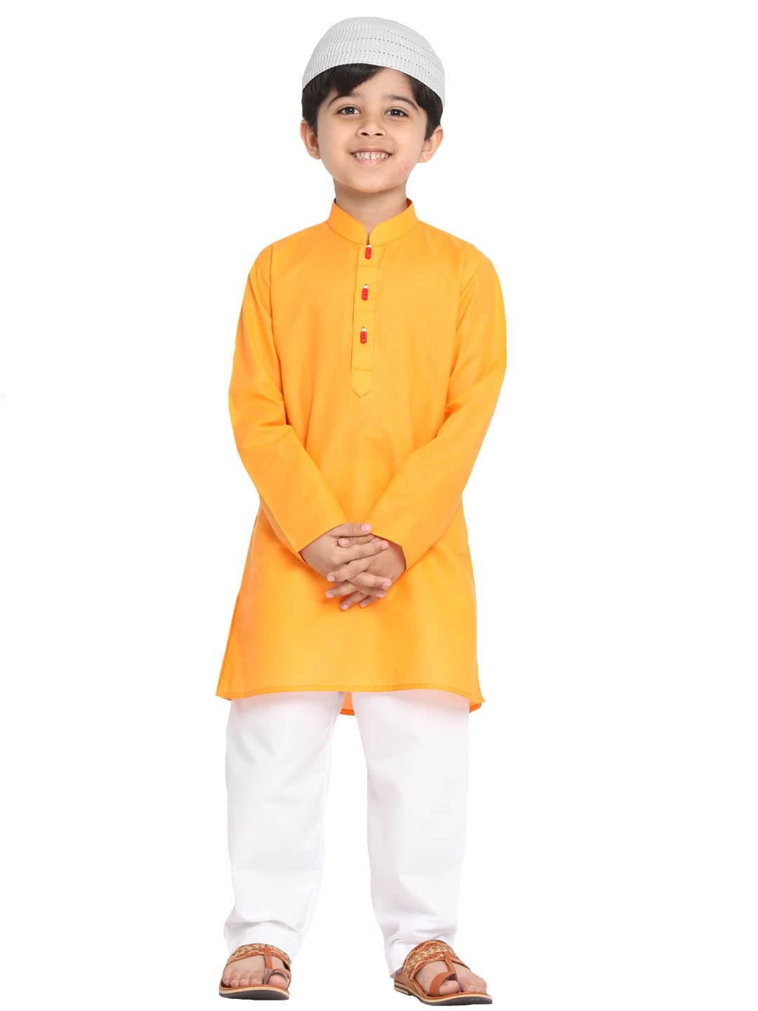 Jbn Creation Boys Orange Cotton Blend Kurta Pyjama And Cap Set
