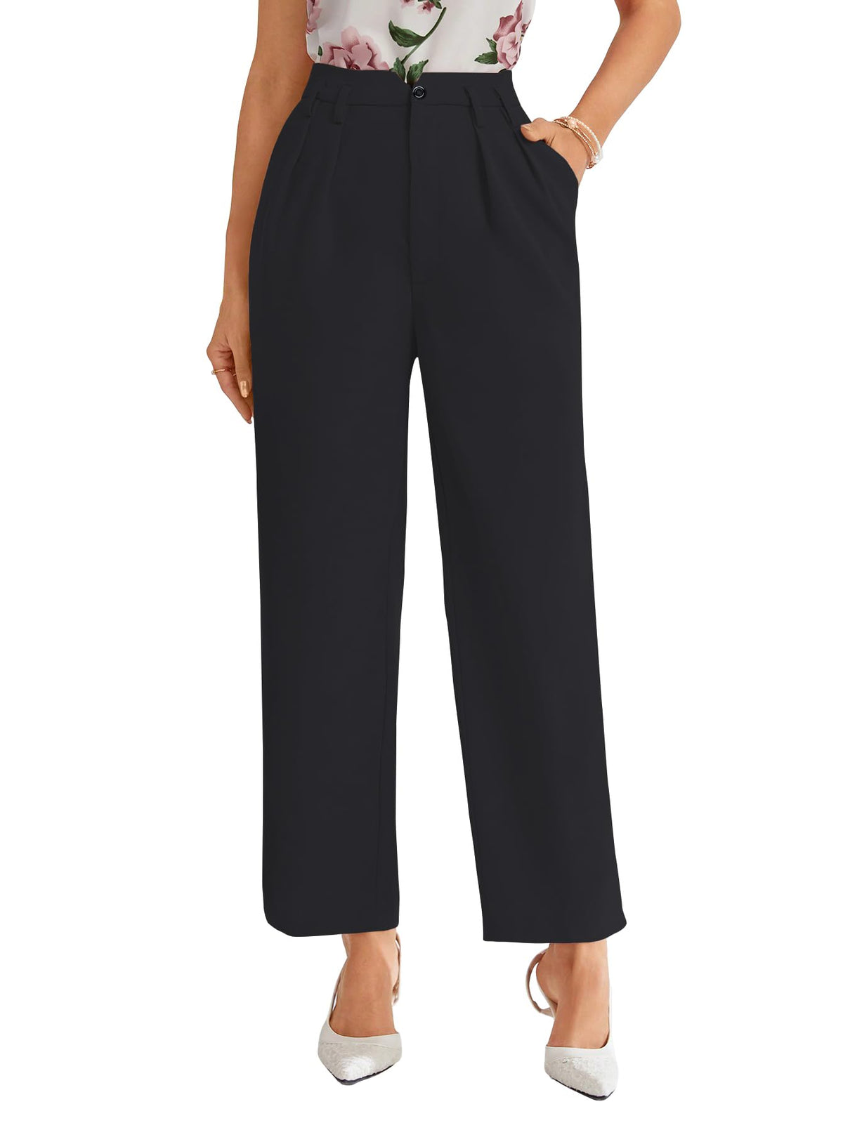 Shasmi Womens Black High Waist Pleated Straight Leg Trousers Elegant Solid Color Work Pants with Pockets, Casual Office Wear Po